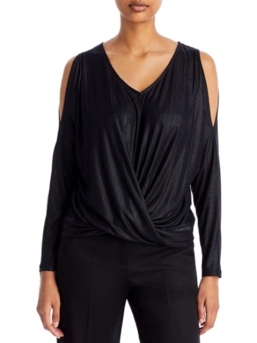 NWT T Tahari Black Metallic Cold-Shoulder Top with Front Twist Detail